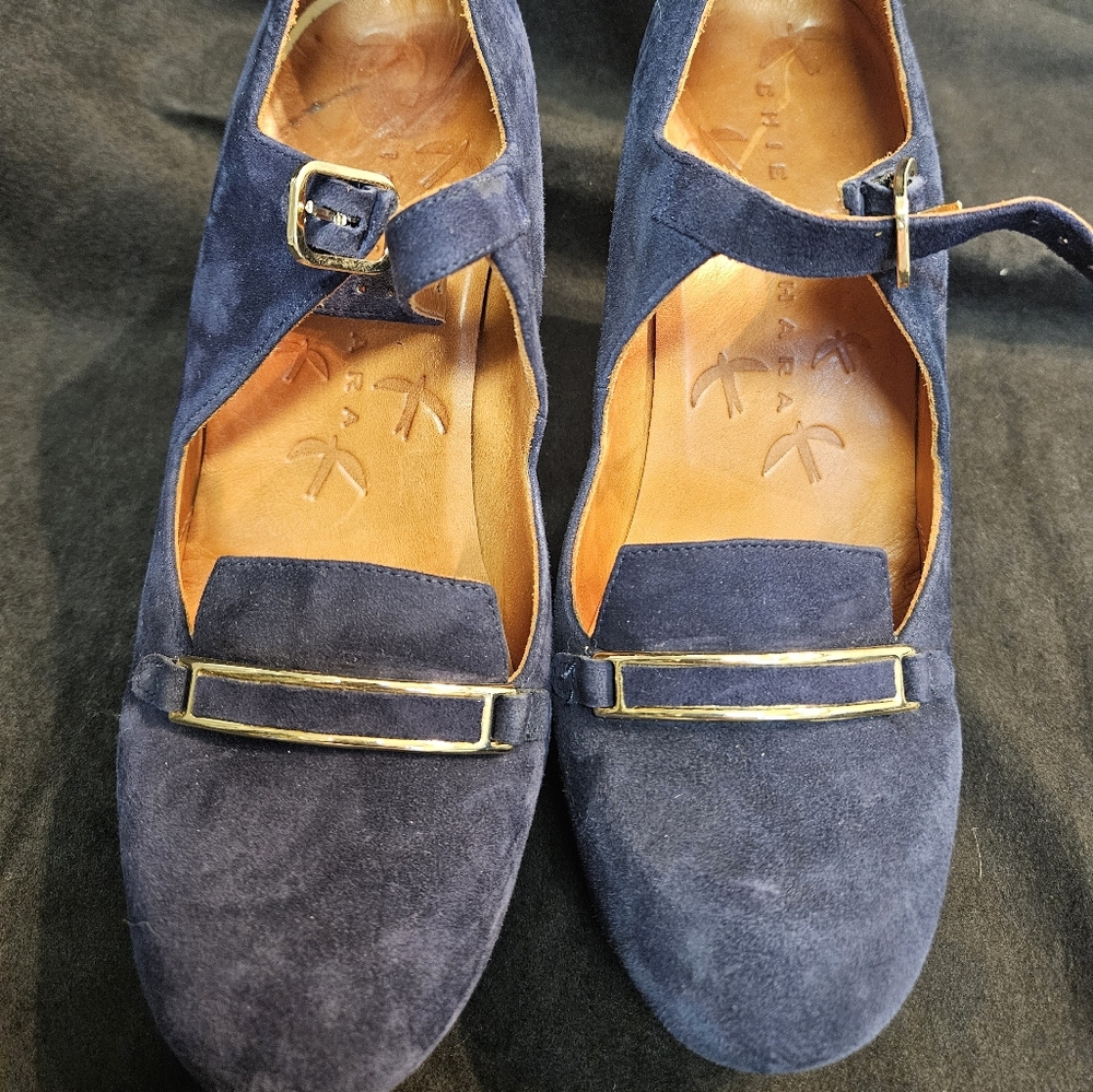 Chie Mihara Blue Heels with Gold Accents